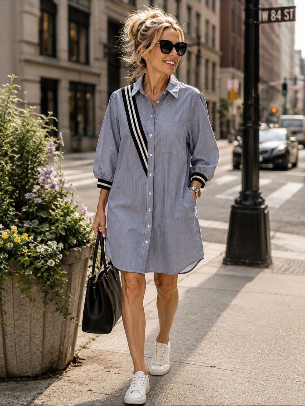 Striped Blue Mini Shirt Dress with Contrast Tape Detail